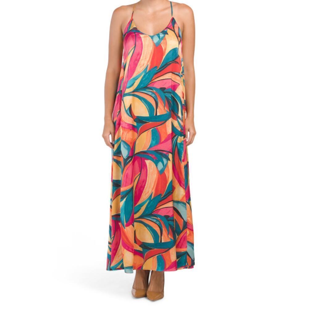 NWT Nicole Miller Abstract Floral Print Slip on Satin Maxi Dress